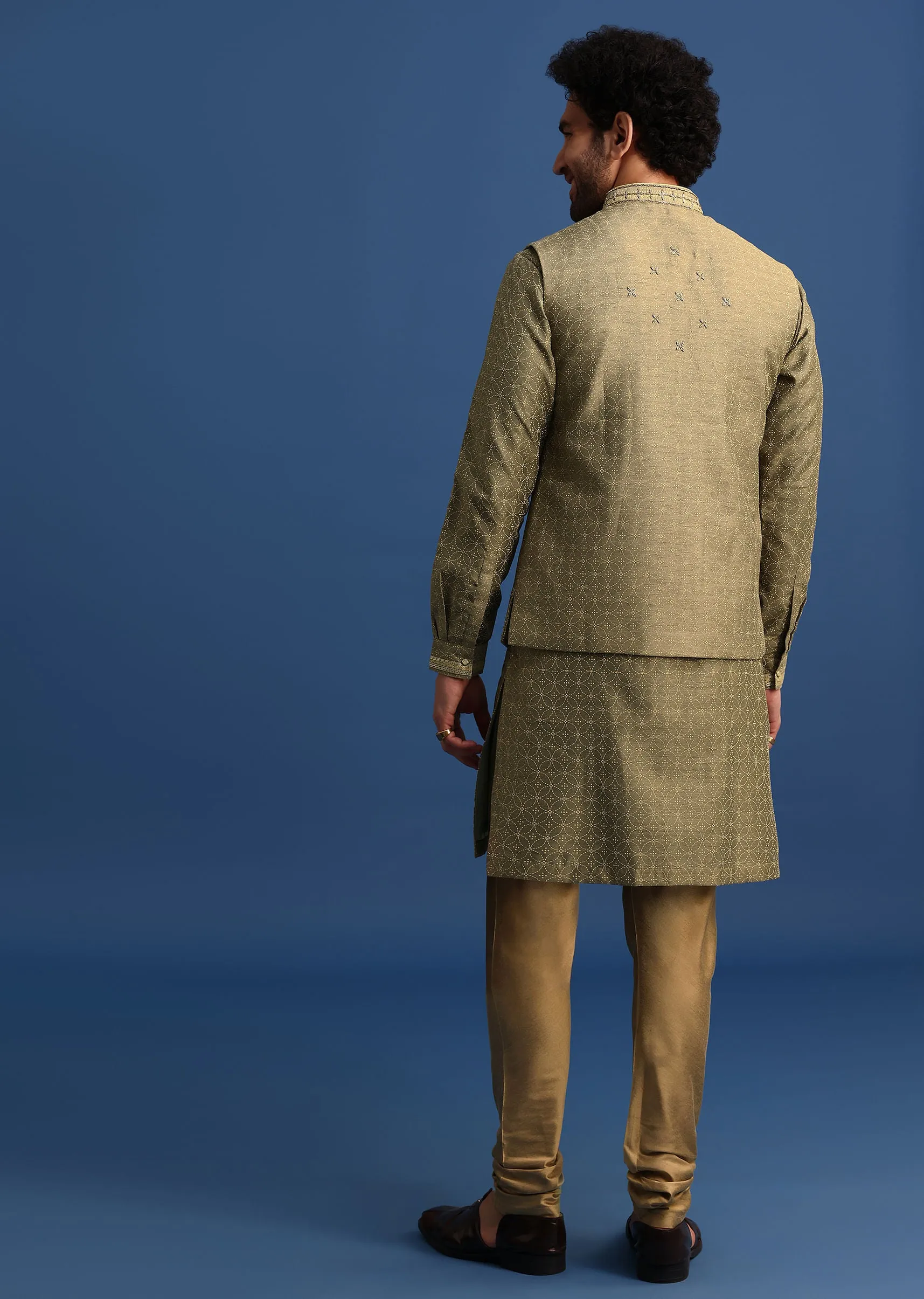 Olive Green Kurta Jacket Set With Hand Work For Men