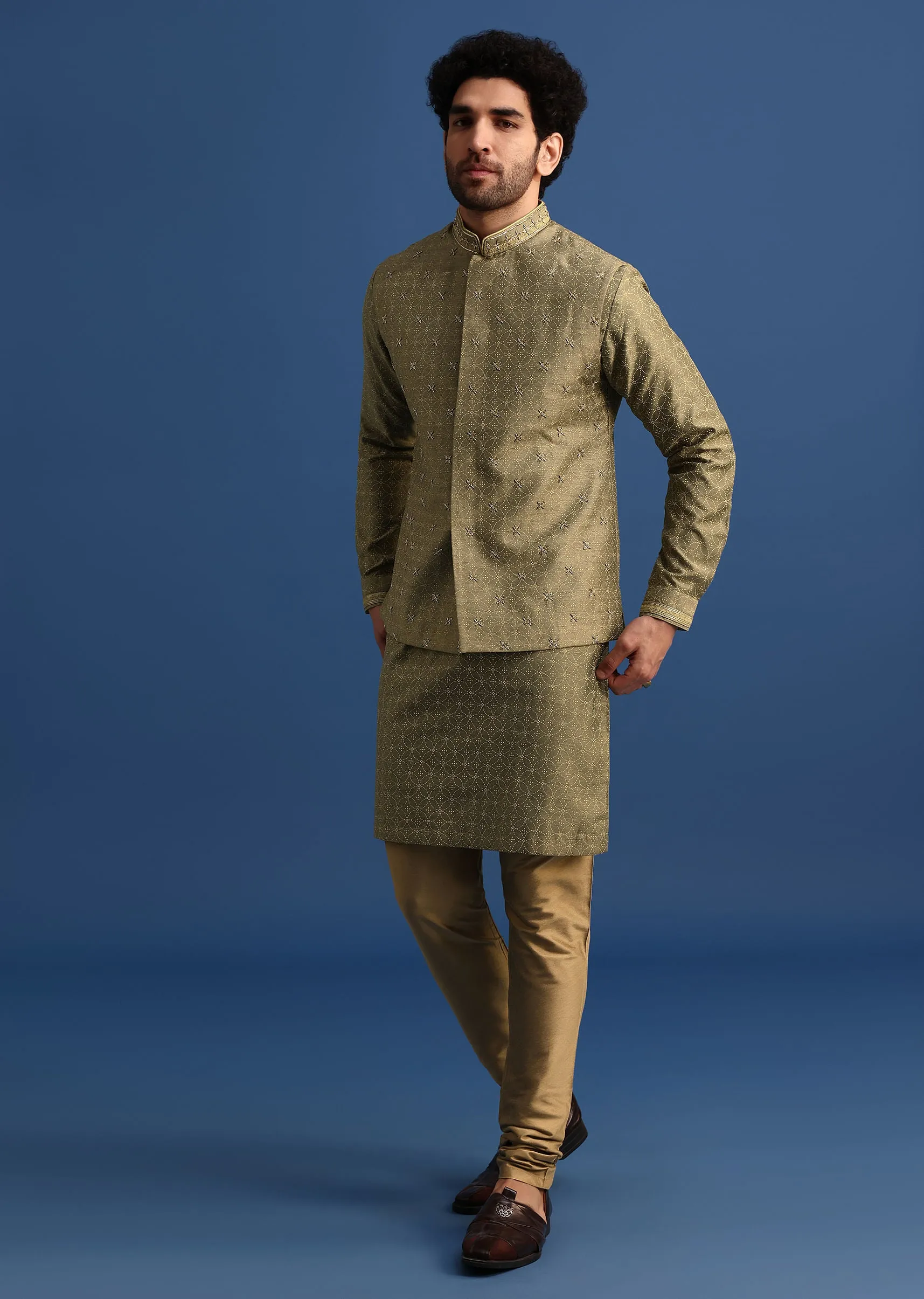 Olive Green Kurta Jacket Set With Hand Work For Men