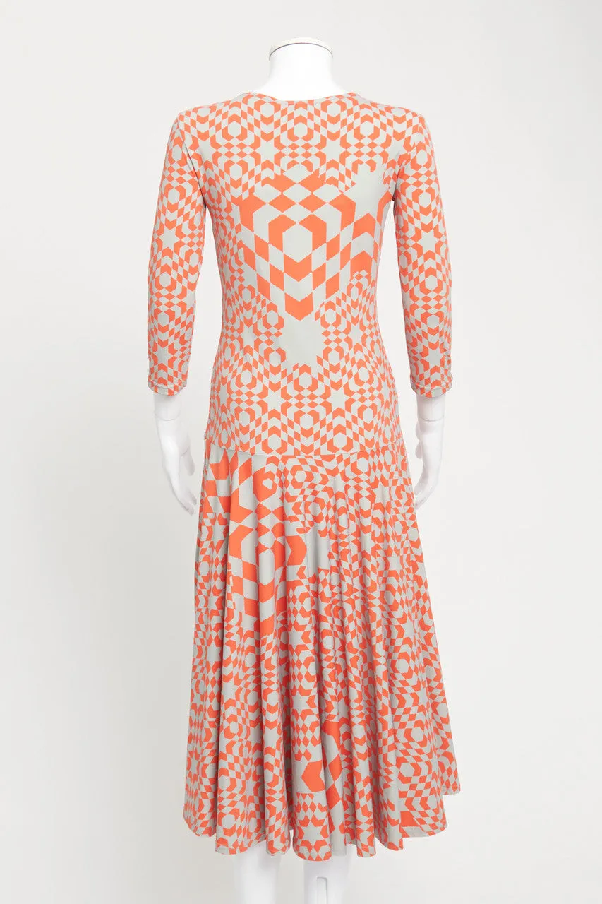 Orange and Grey Geometric Print Jersey Preowned Midi Dress