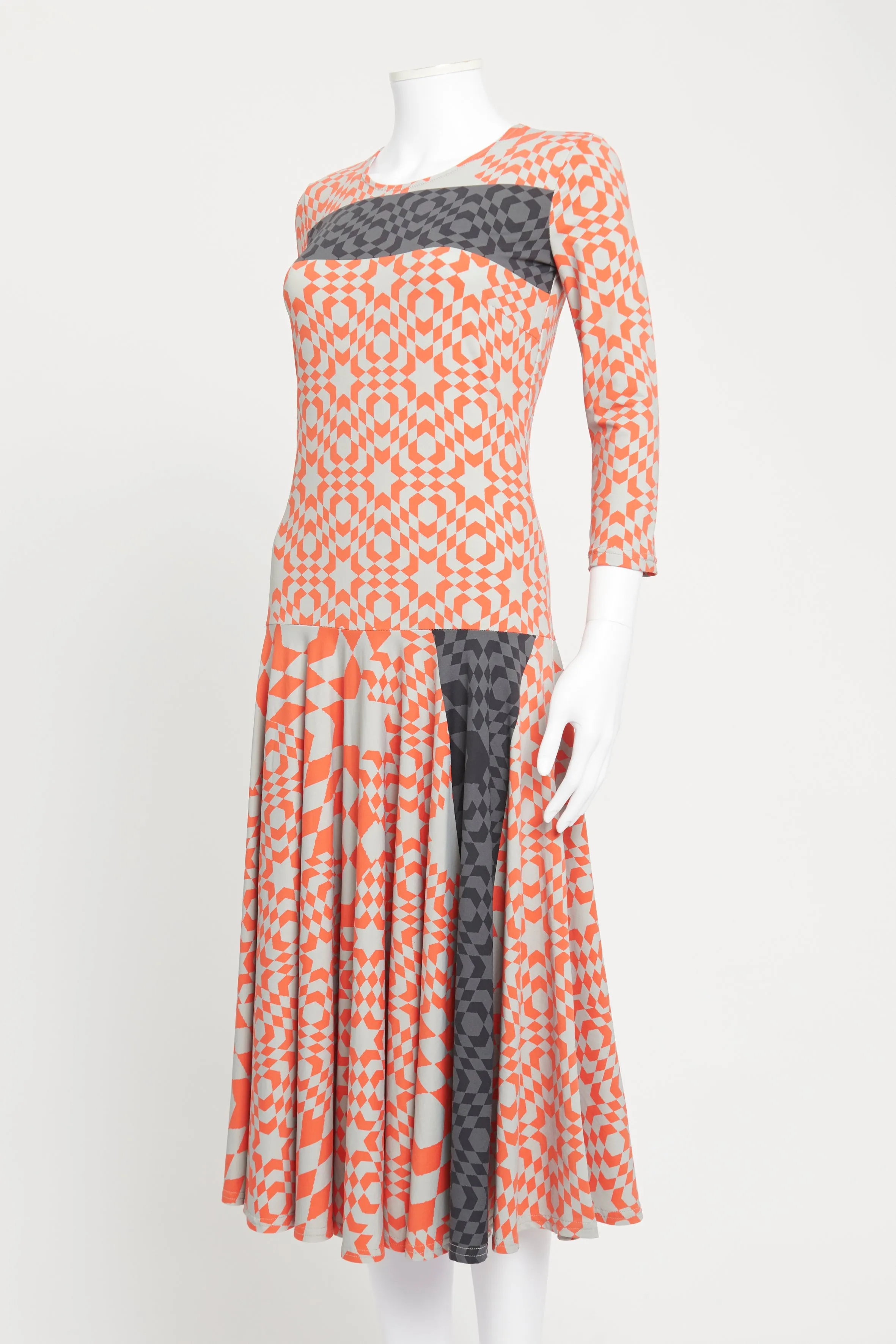 Orange and Grey Geometric Print Jersey Preowned Midi Dress