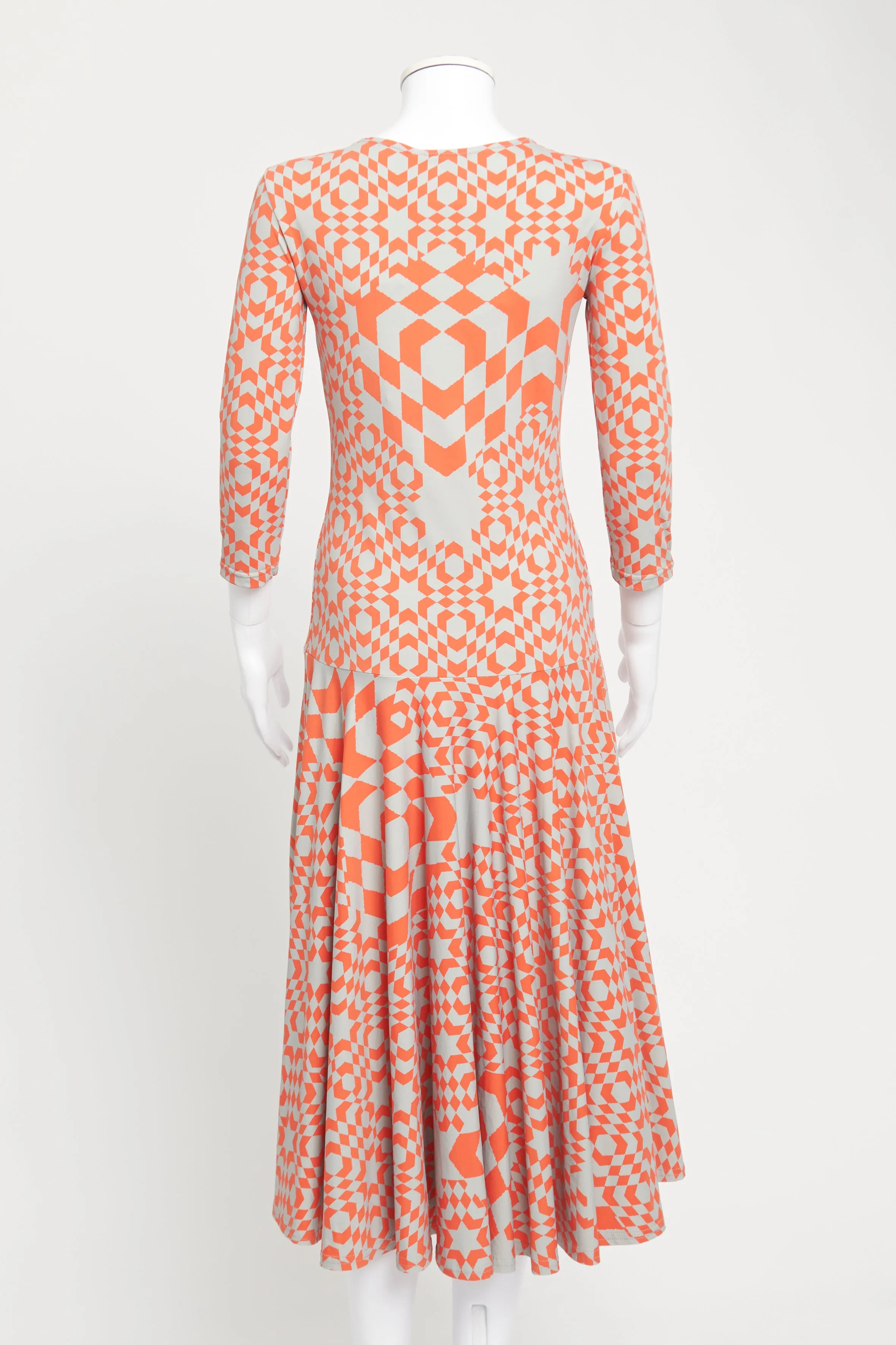 Orange and Grey Geometric Print Jersey Preowned Midi Dress