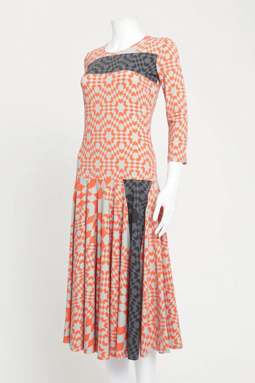 Orange and Grey Geometric Print Jersey Preowned Midi Dress
