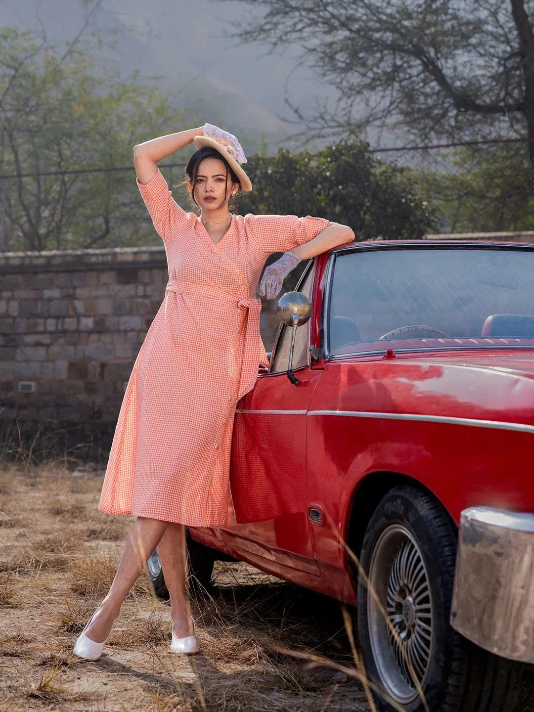Orange Cotton Checked Wrap Dress with Belt