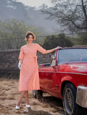 Orange Cotton Checked Wrap Dress with Belt