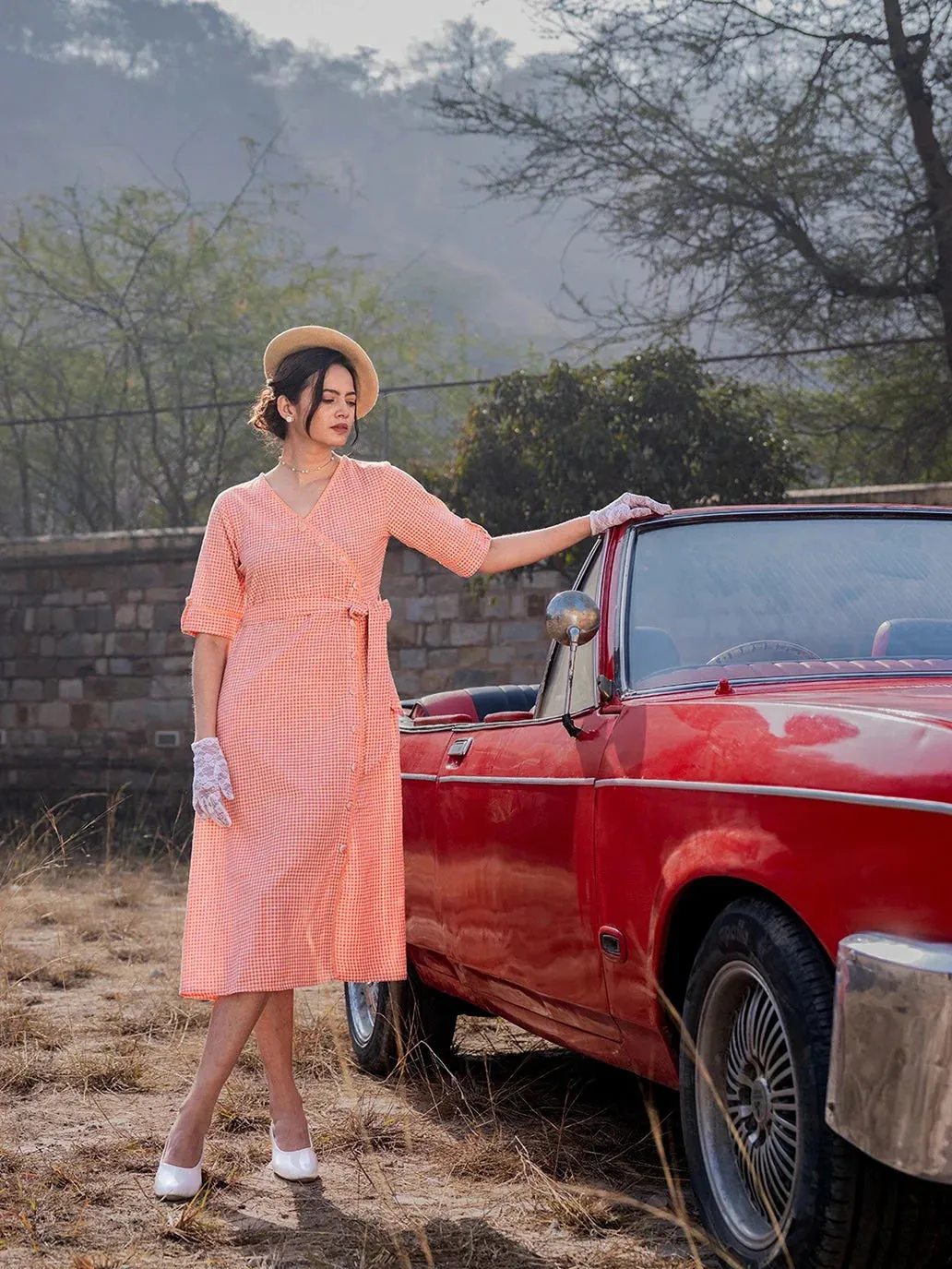 Orange Cotton Checked Wrap Dress with Belt