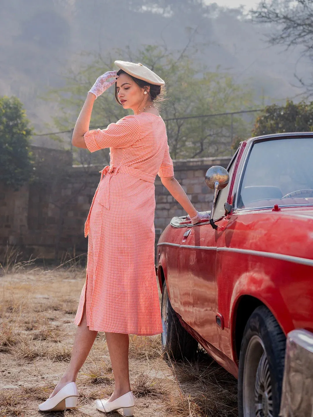 Orange Cotton Checked Wrap Dress with Belt