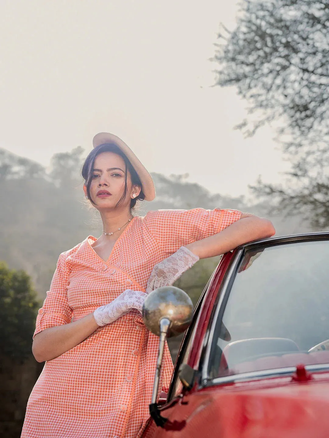Orange Cotton Checked Wrap Dress with Belt