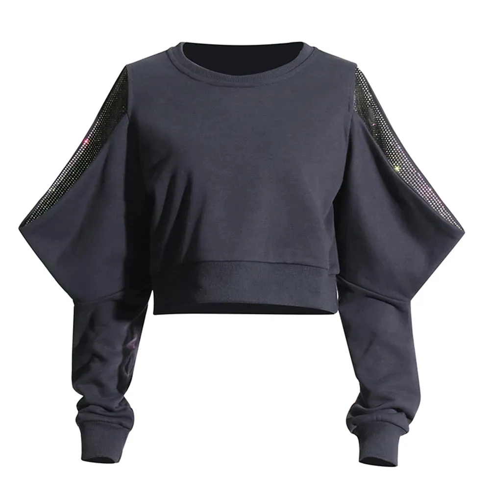 Patchwork Diamonds Solid Casual Short Sweatshirts For Women Round Neck Long Sleeve Hollow Out Pullover Sweatshirt Female
