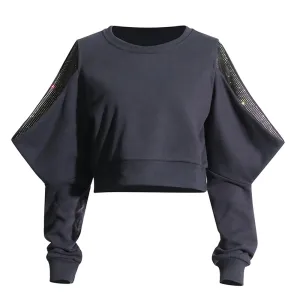 Patchwork Diamonds Solid Casual Short Sweatshirts For Women Round Neck Long Sleeve Hollow Out Pullover Sweatshirt Female