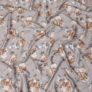 Pewter grey synthetic crepe fabric with multicolor print in floral design-D15666