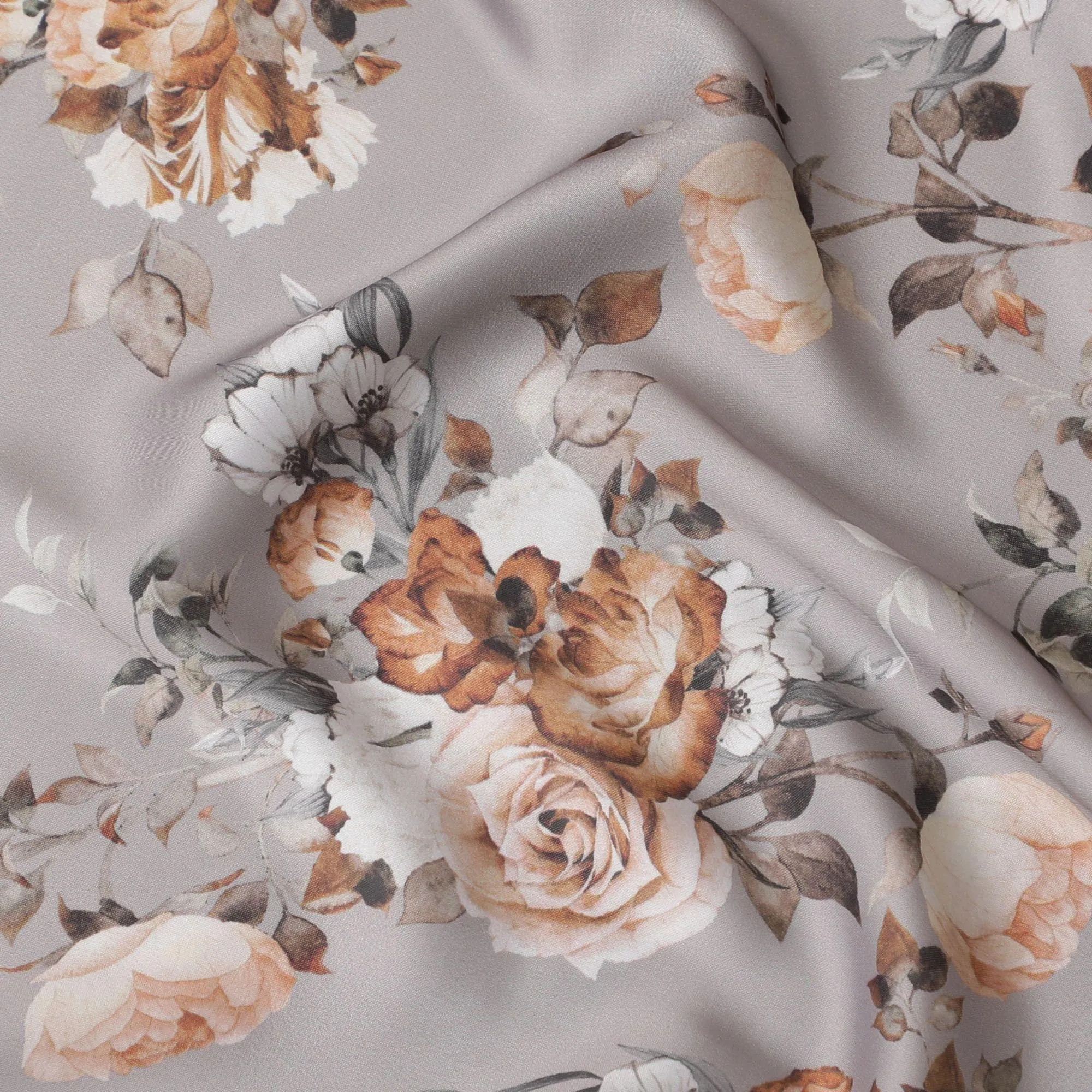 Pewter grey synthetic crepe fabric with multicolor print in floral design-D15666