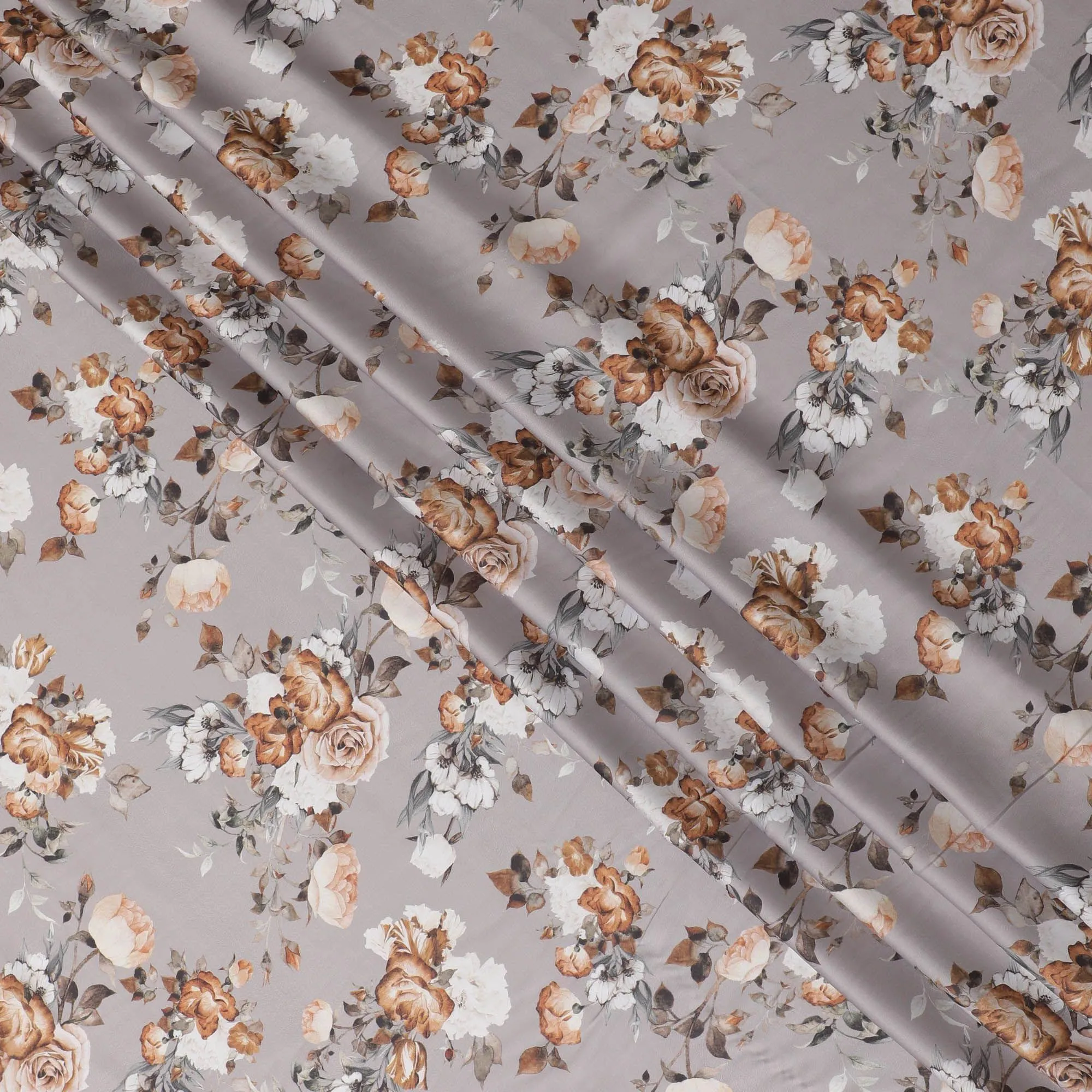 Pewter grey synthetic crepe fabric with multicolor print in floral design-D15666