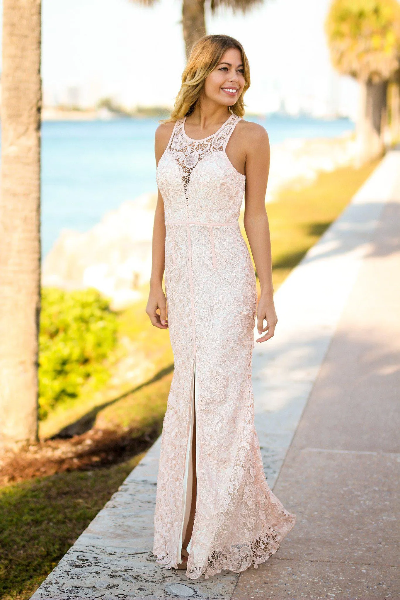 Pink Lace Maxi Dress with Front Slit
