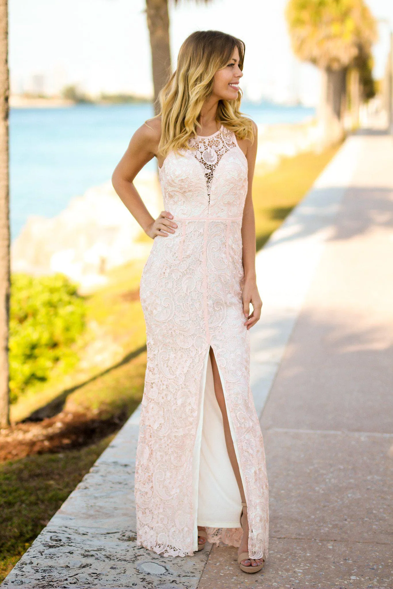 Pink Lace Maxi Dress with Front Slit