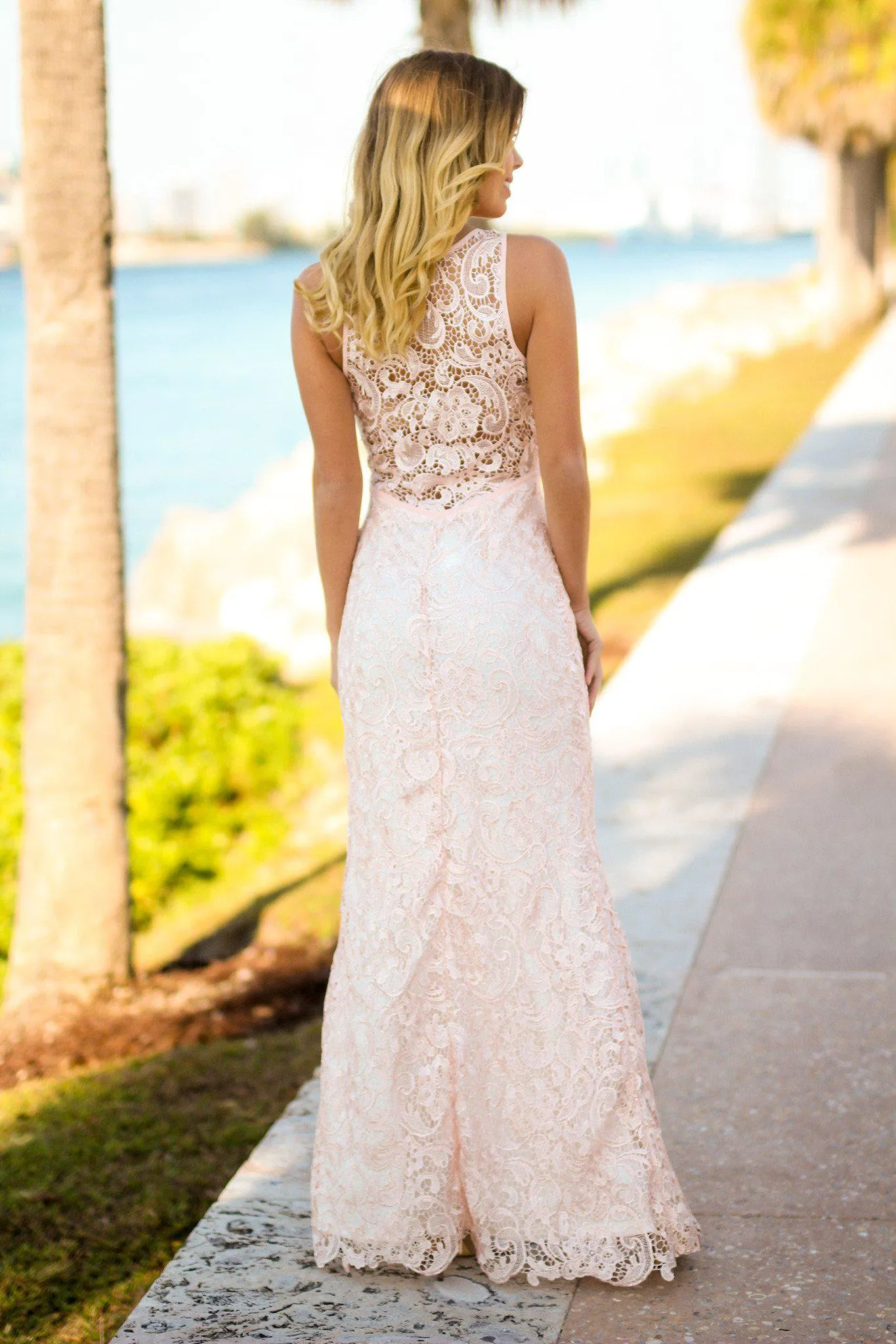 Pink Lace Maxi Dress with Front Slit