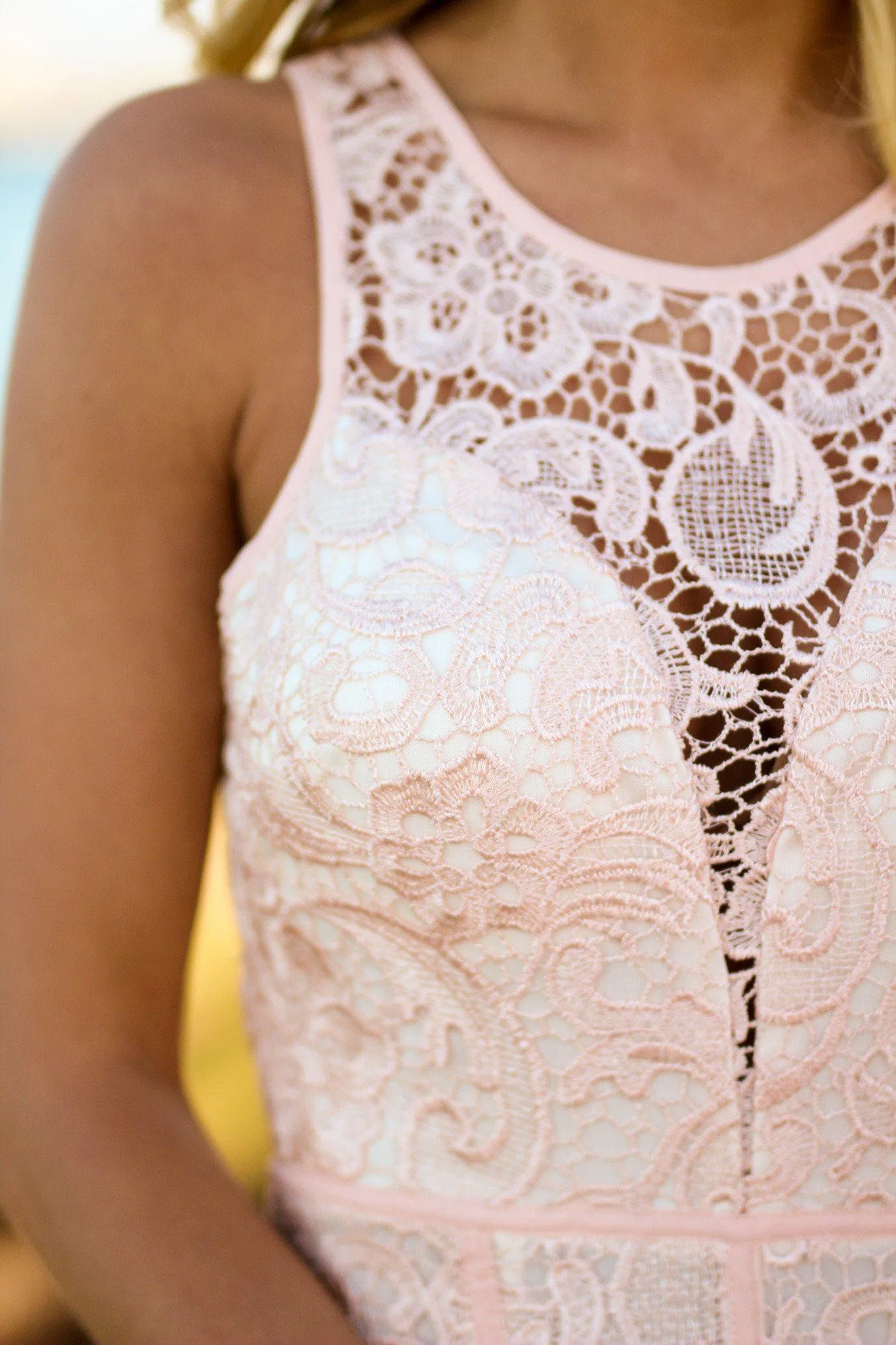 Pink Lace Maxi Dress with Front Slit