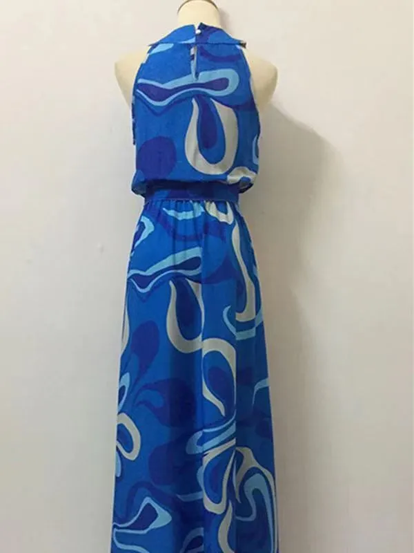 Popular Floral-Print Straps Cross Neck Sleeveless Beach Maxi Dress