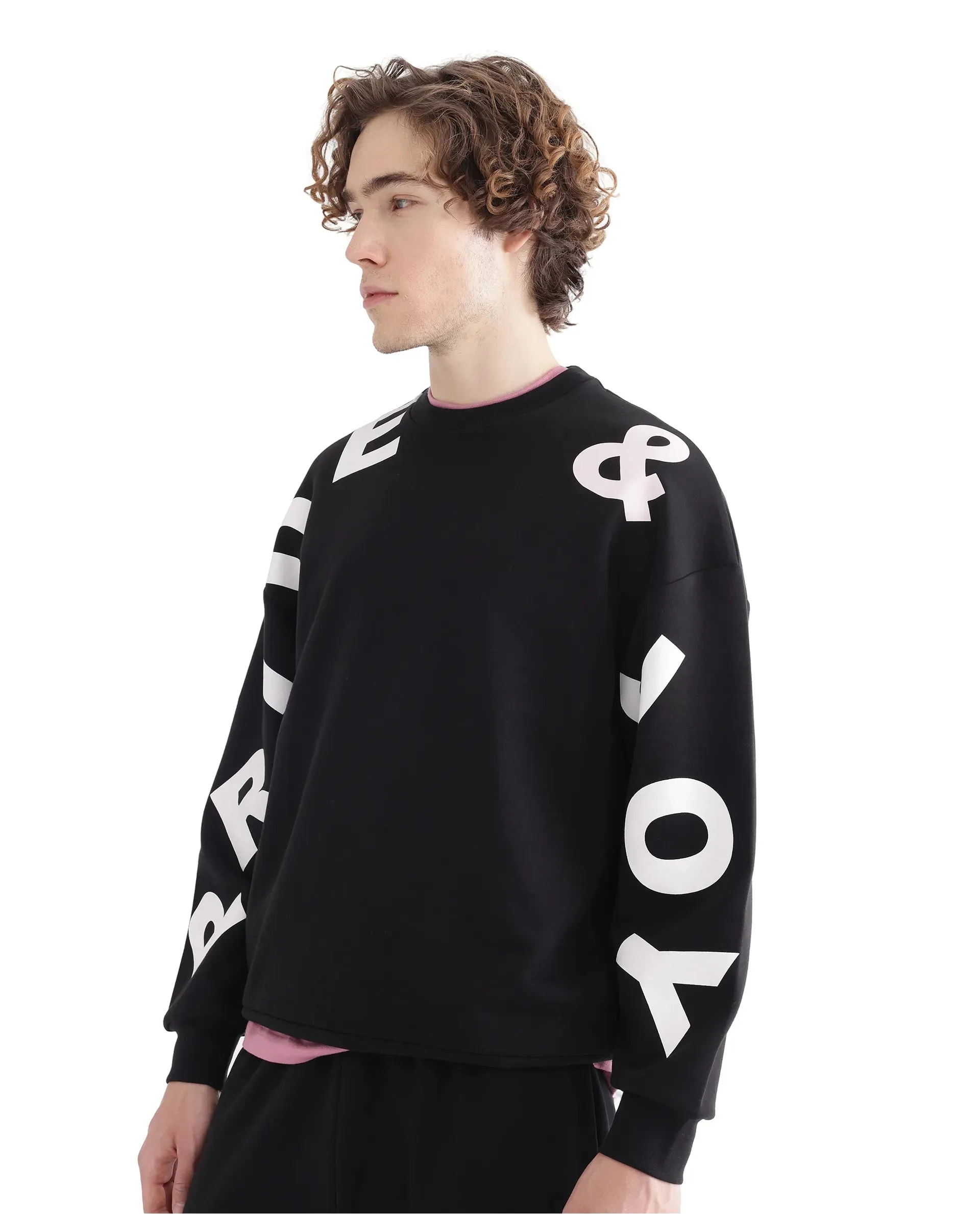 Rare Rabbit Men Ricot Black Full Sleeve Boxy Fit Printed Sweatshirt