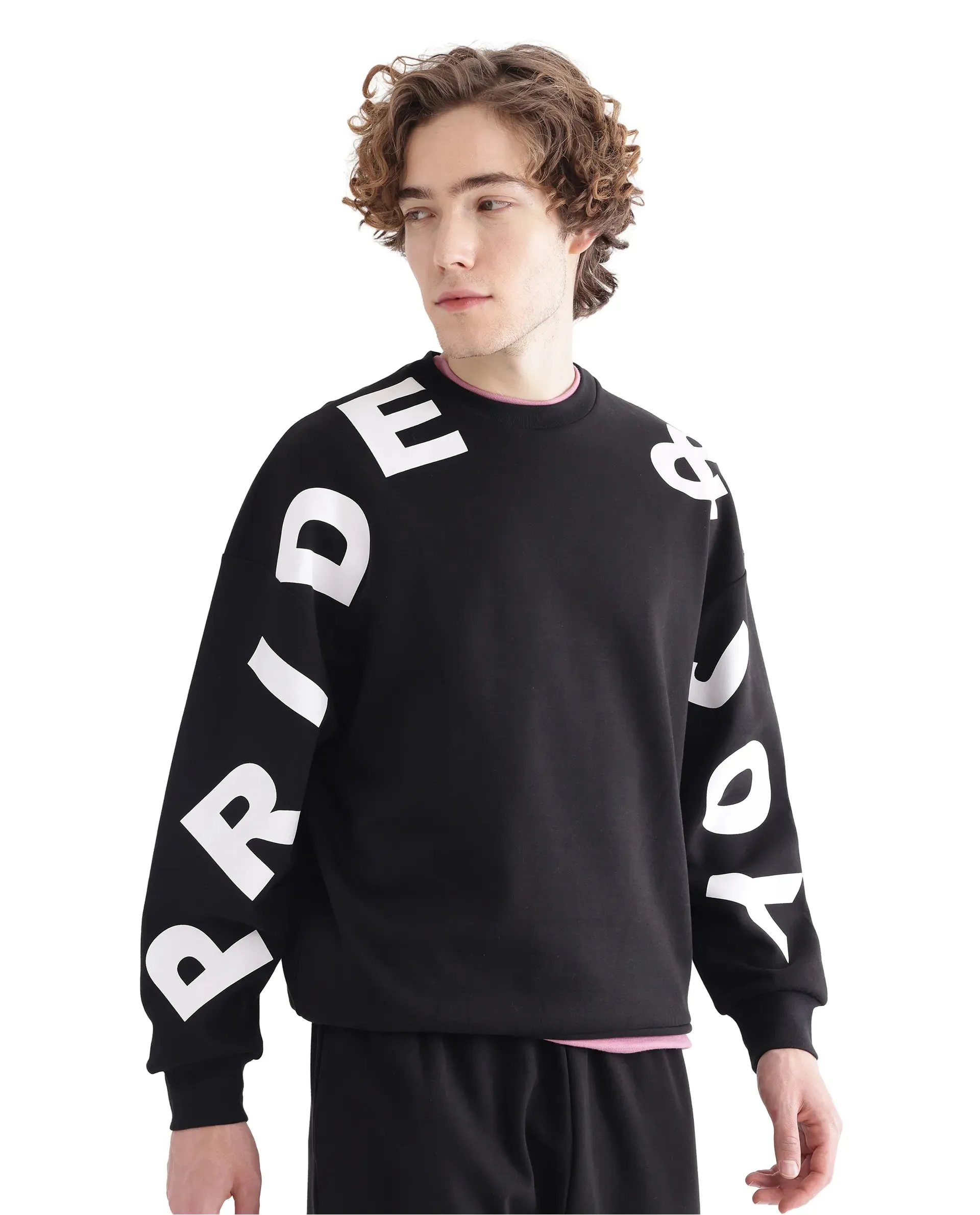 Rare Rabbit Men Ricot Black Full Sleeve Boxy Fit Printed Sweatshirt