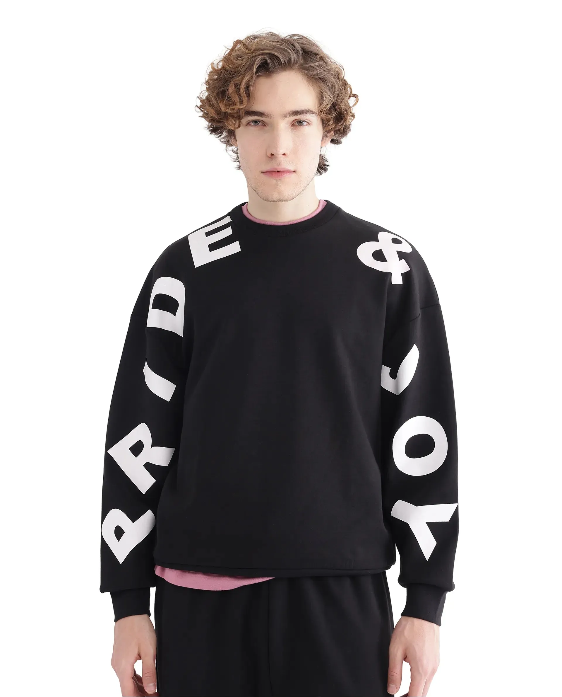 Rare Rabbit Men Ricot Black Full Sleeve Boxy Fit Printed Sweatshirt