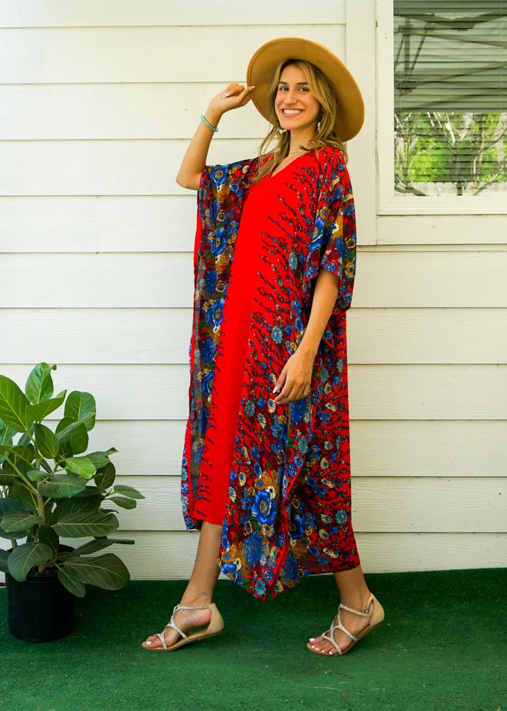Red Floral Garden Kimono Kaftan Dress