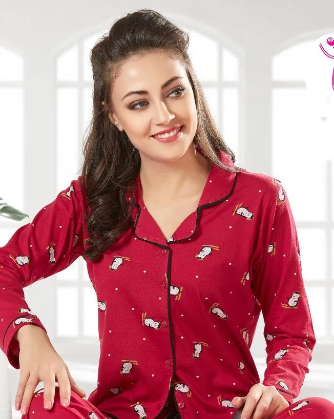 Red Full Sleeves Cotton Night suit Set for ladies