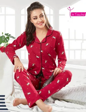 Red Full Sleeves Cotton Night suit Set for ladies
