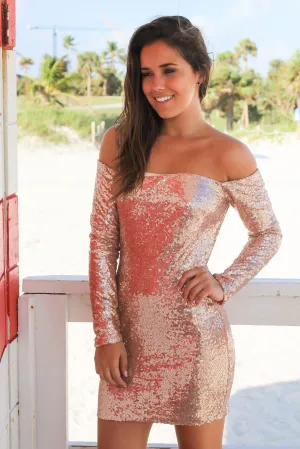 Rose Gold Off Shoulder Sequin Short Dress