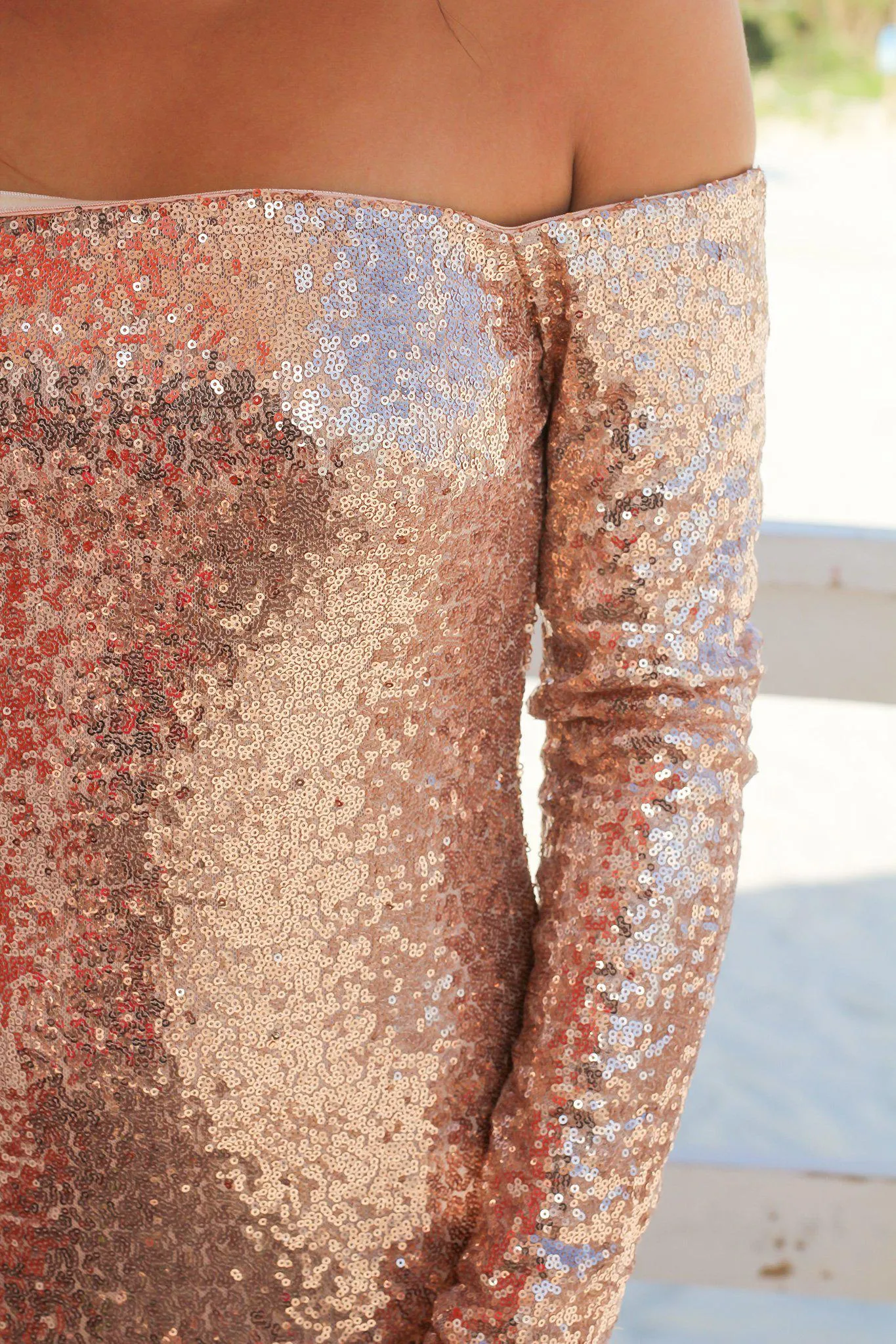 Rose Gold Off Shoulder Sequin Short Dress
