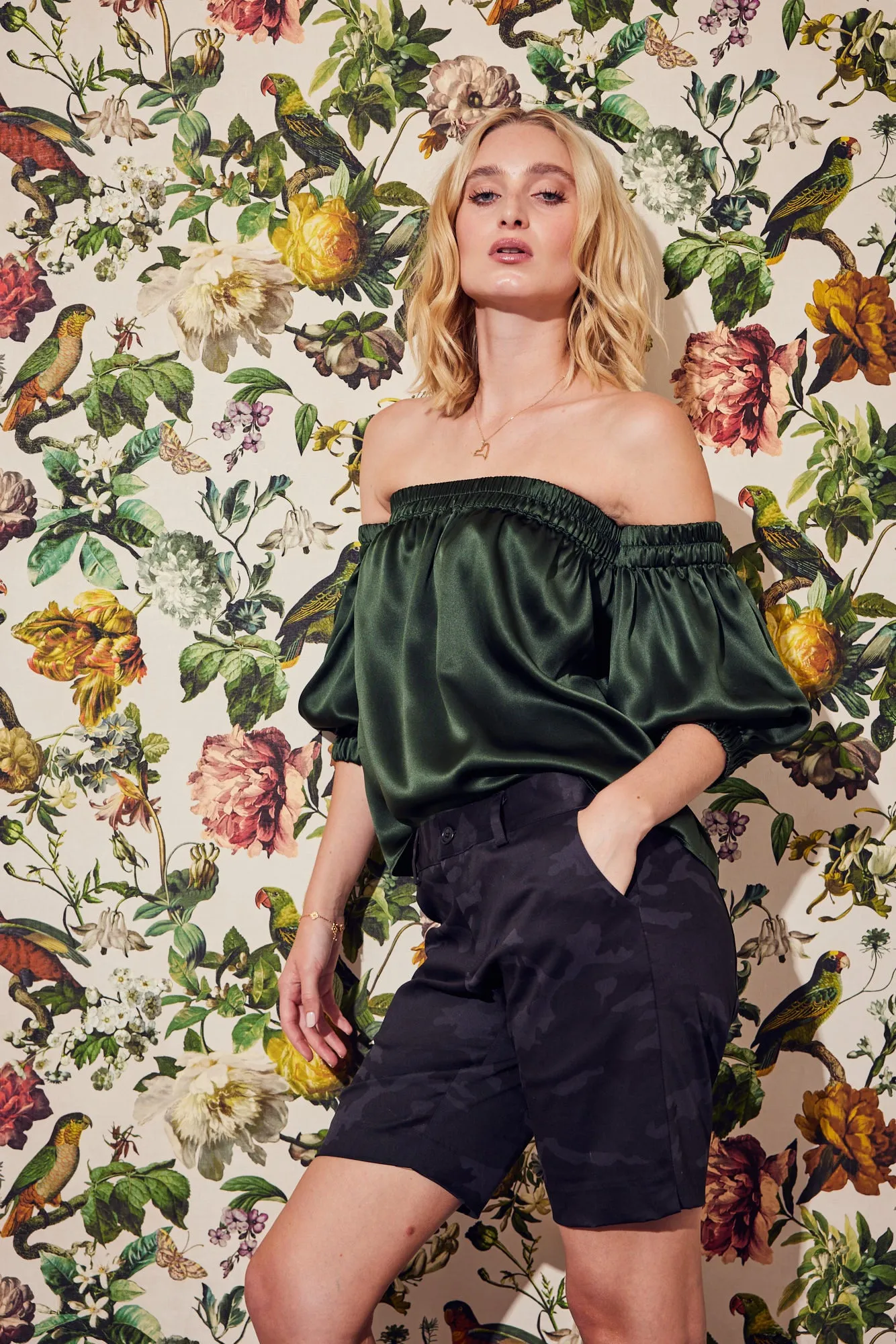 Silk Off-The-Shoulder Top in Olive