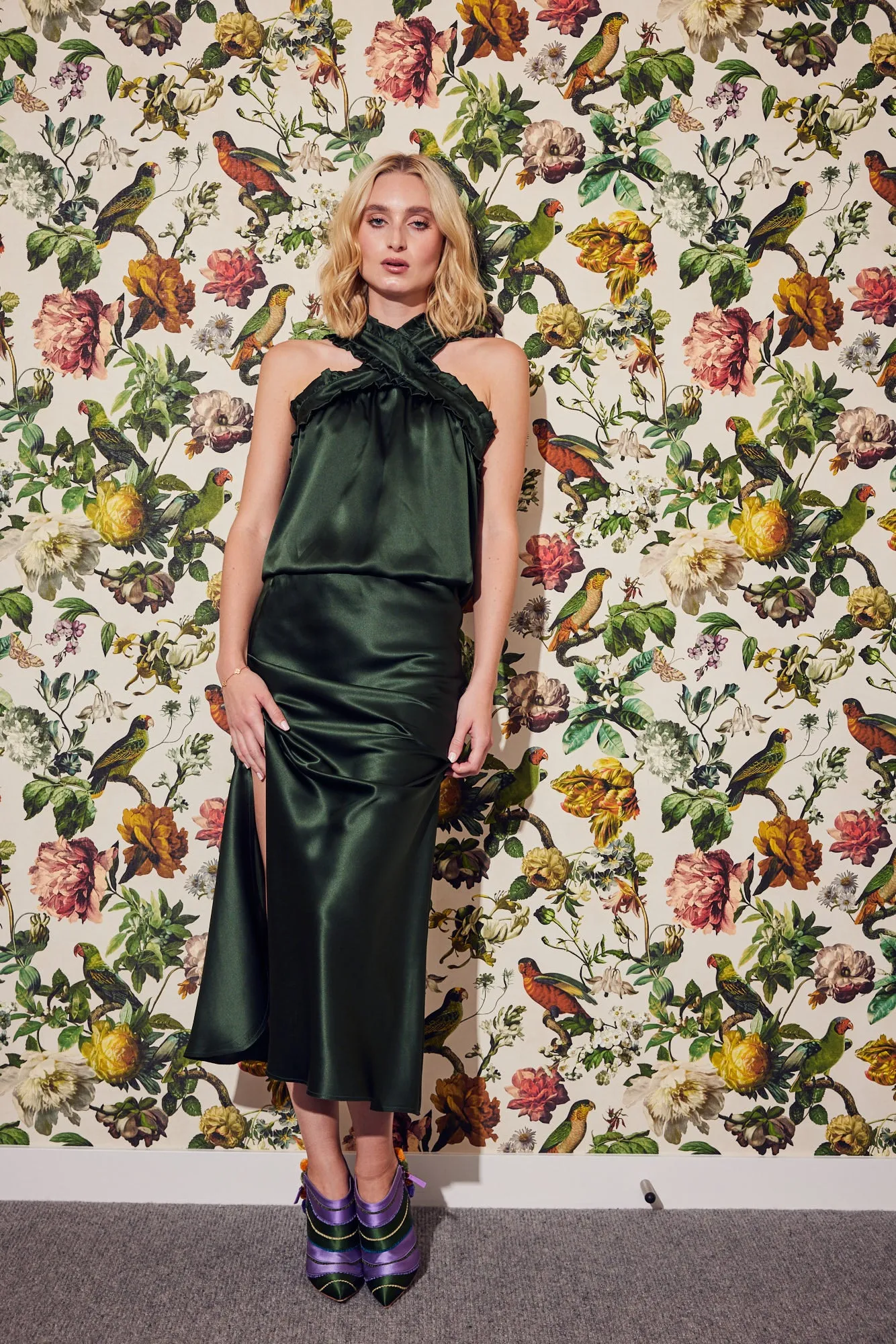 Silk Slit Skirt In Olive