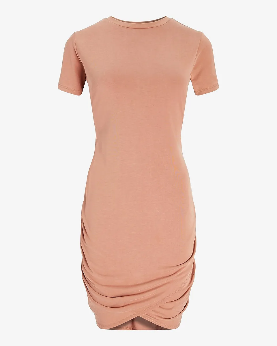 Silky Sueded Jersey Ruched T-Shirt Dress in Mocha