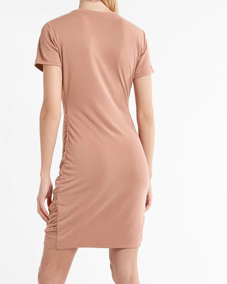 Silky Sueded Jersey Ruched T-Shirt Dress in Mocha