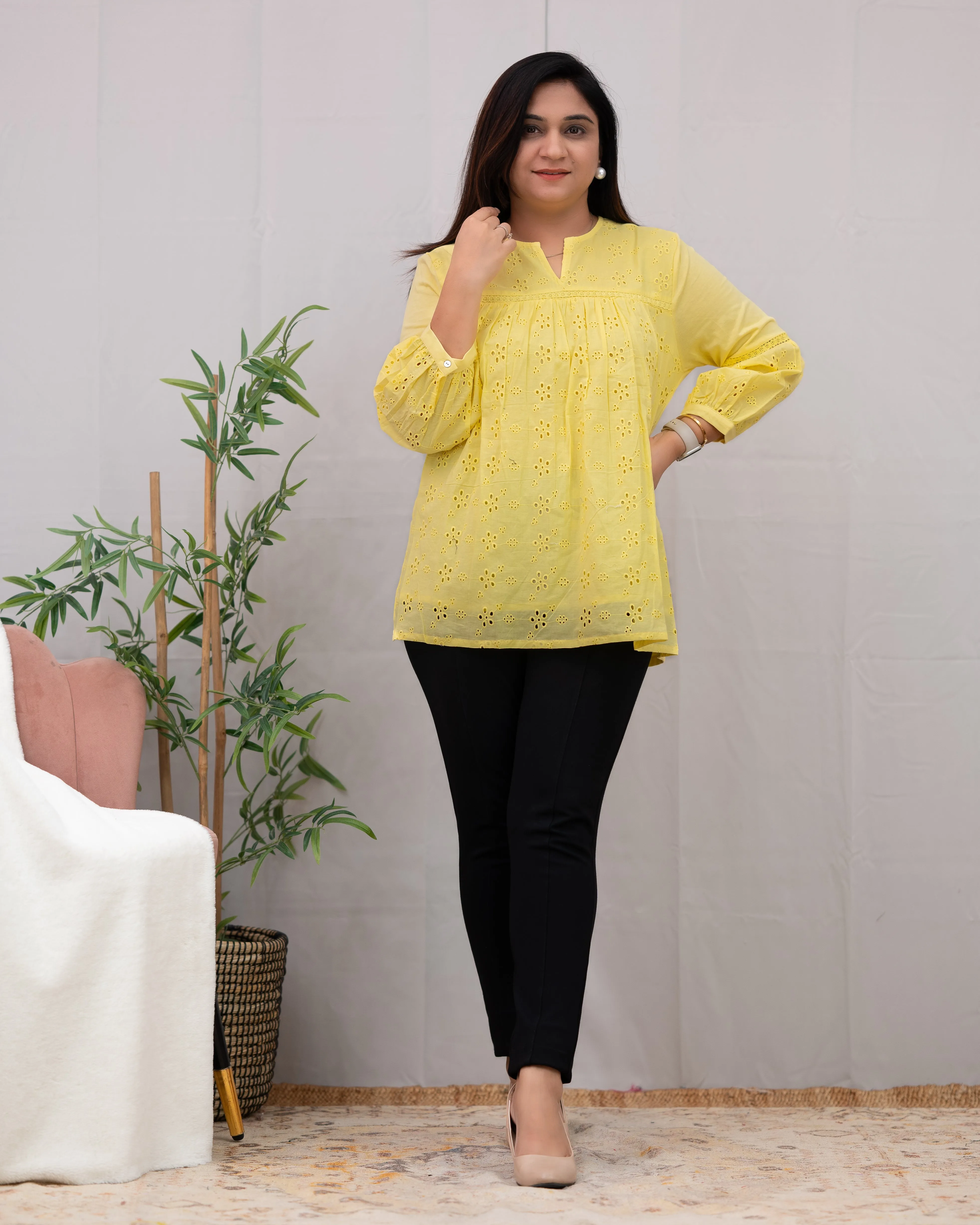 Solid Schiffli Casual Cotton Short Top