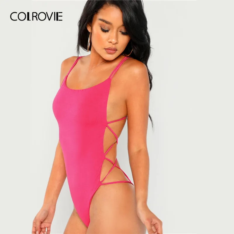 Strappy Backless Women Black Sleeveless Summer Beach Scoop Neck Cross Slim Cami Bodysuit
