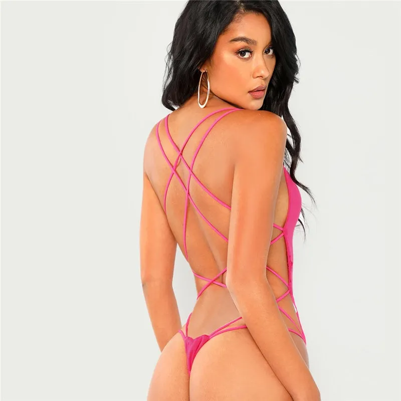 Strappy Backless Women Black Sleeveless Summer Beach Scoop Neck Cross Slim Cami Bodysuit