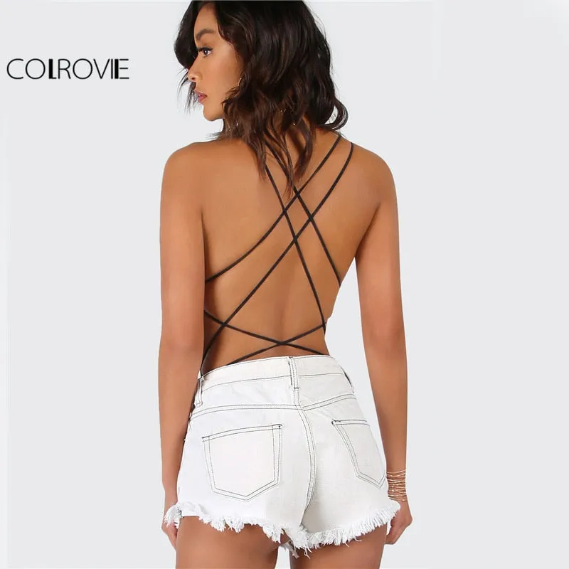 Strappy Backless Women Black Sleeveless Summer Beach Scoop Neck Cross Slim Cami Bodysuit