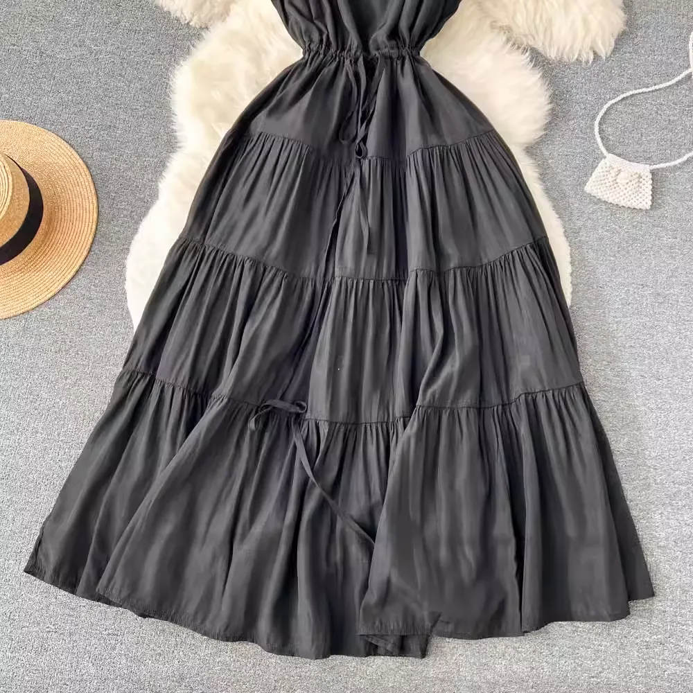Summer V Neck Sleeveless Dress Women  Pleated Long Skirt 1268