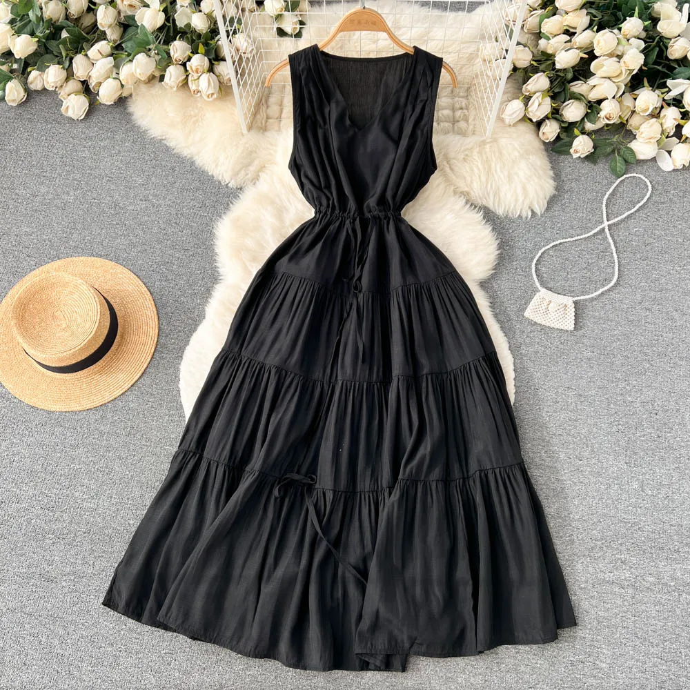 Summer V Neck Sleeveless Dress Women  Pleated Long Skirt 1268