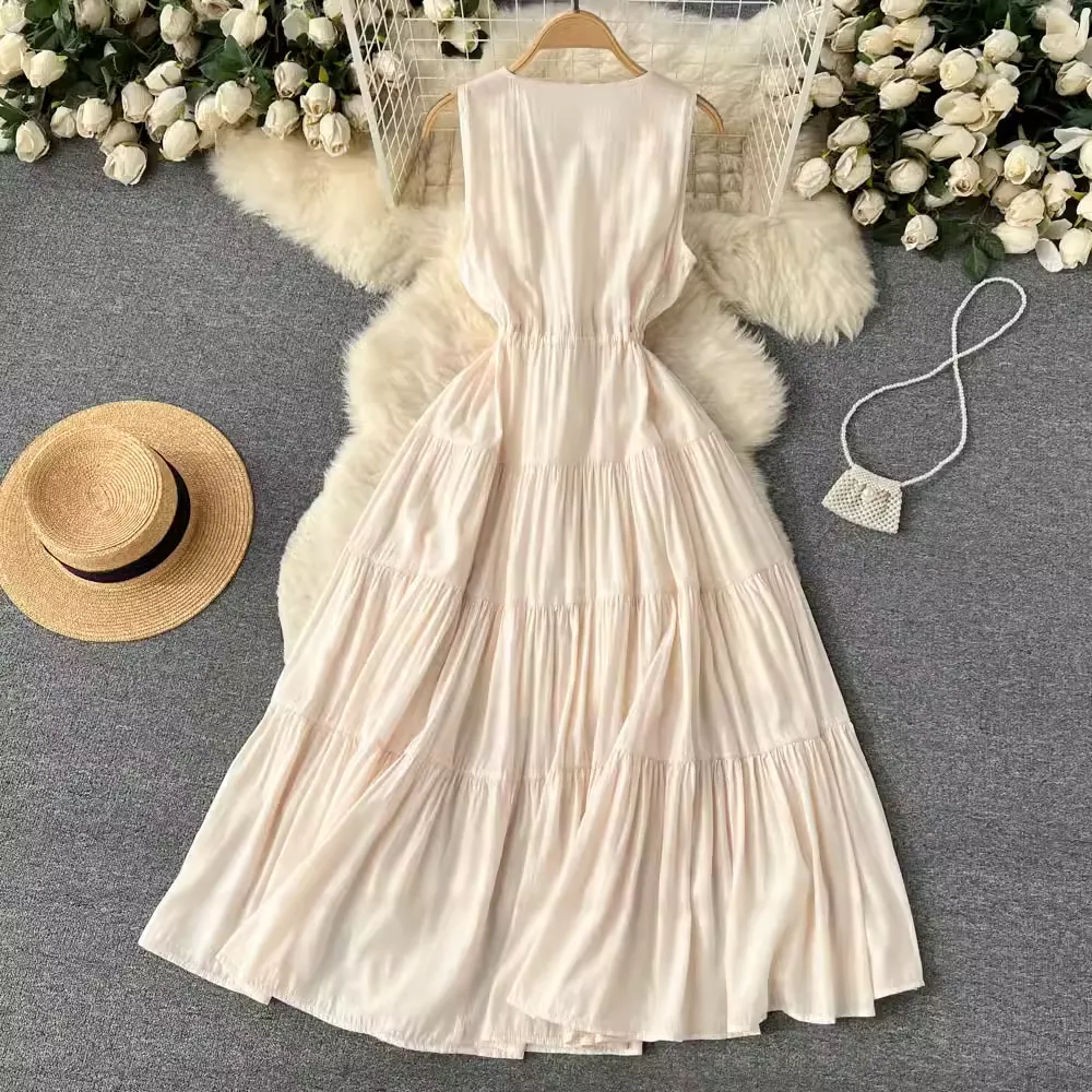Summer V Neck Sleeveless Dress Women  Pleated Long Skirt 1268