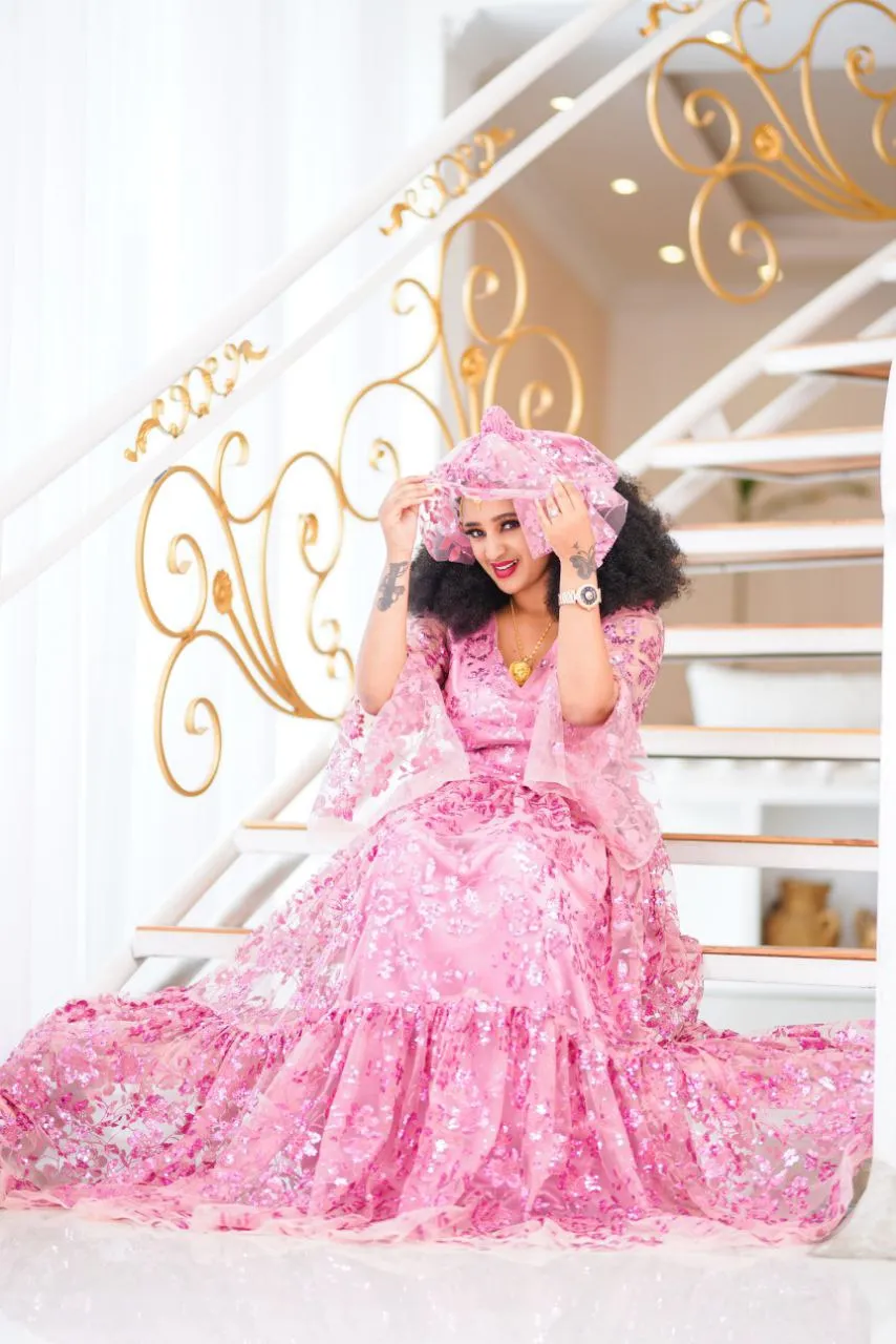 Sweet Pink Habesha Chiffon Dress: for Any Cultural Event Ethiopian Chiffon Dress
