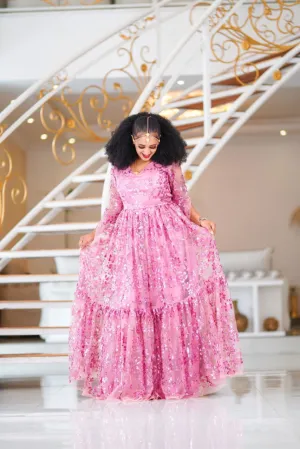 Sweet Pink Habesha Chiffon Dress: for Any Cultural Event Ethiopian Chiffon Dress