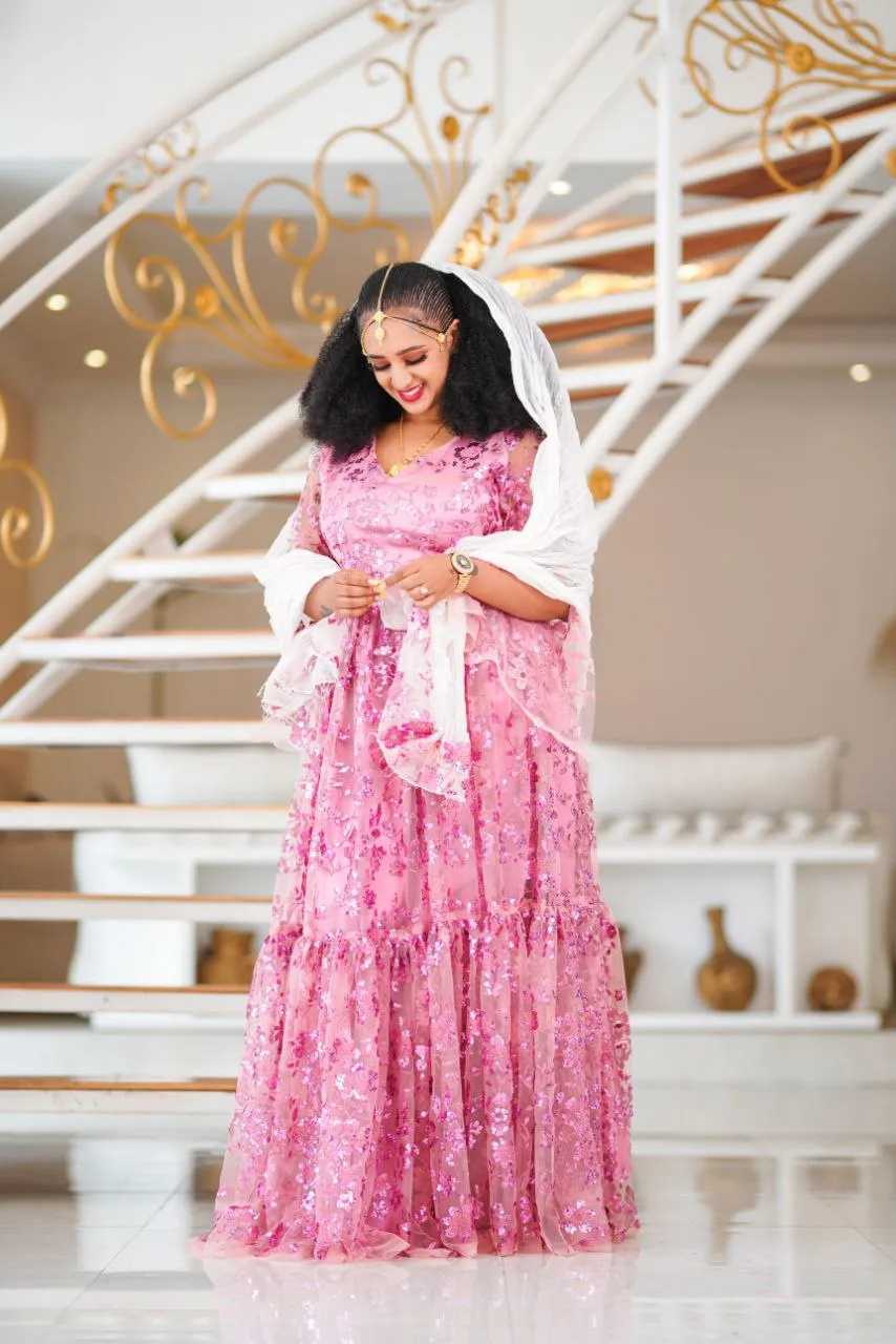Sweet Pink Habesha Chiffon Dress: for Any Cultural Event Ethiopian Chiffon Dress