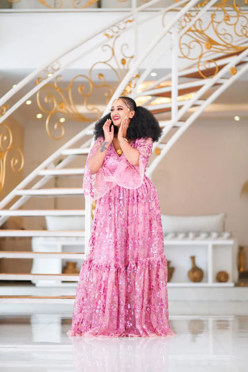 Sweet Pink Habesha Chiffon Dress: for Any Cultural Event Ethiopian Chiffon Dress
