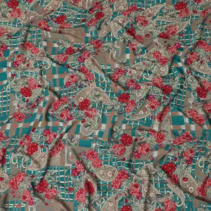 Teal green synthetic crepe fabric with multicolor print having stone work in floral design-D15293