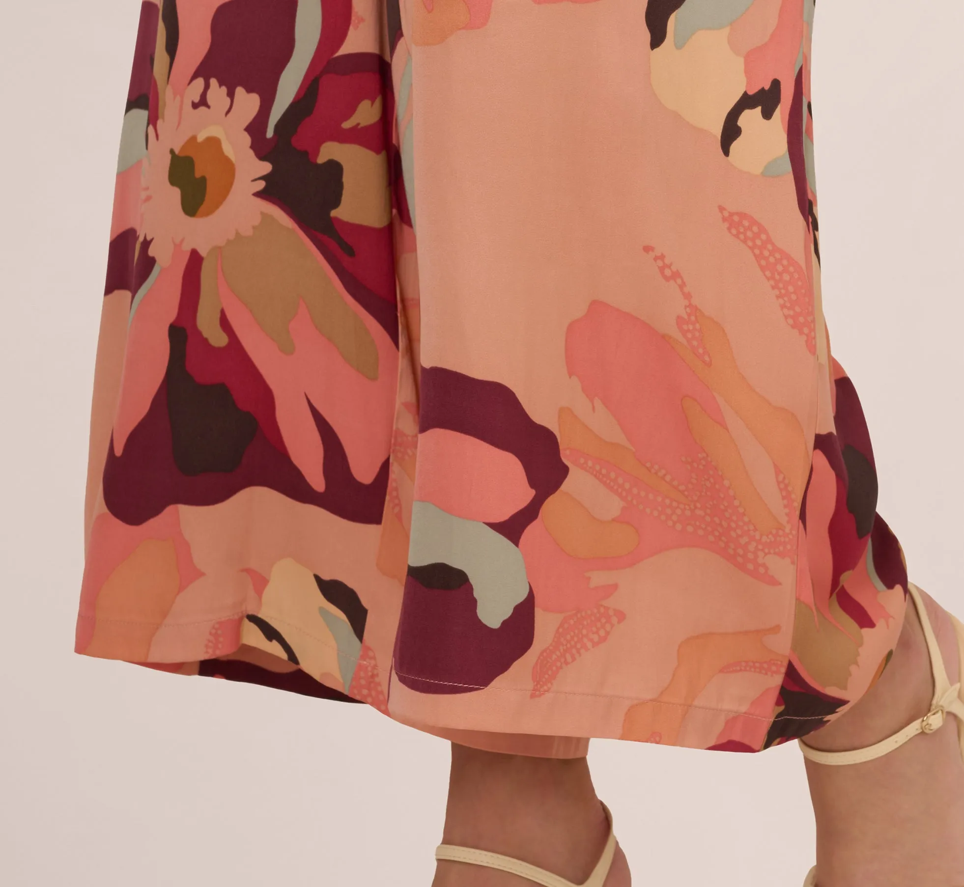 Tropical Floral Print Wide Leg Pants With Drawstring Waist In Deepburgundylargesunsetfloral