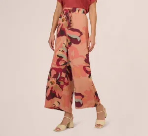 Tropical Floral Print Wide Leg Pants With Drawstring Waist In Deepburgundylargesunsetfloral
