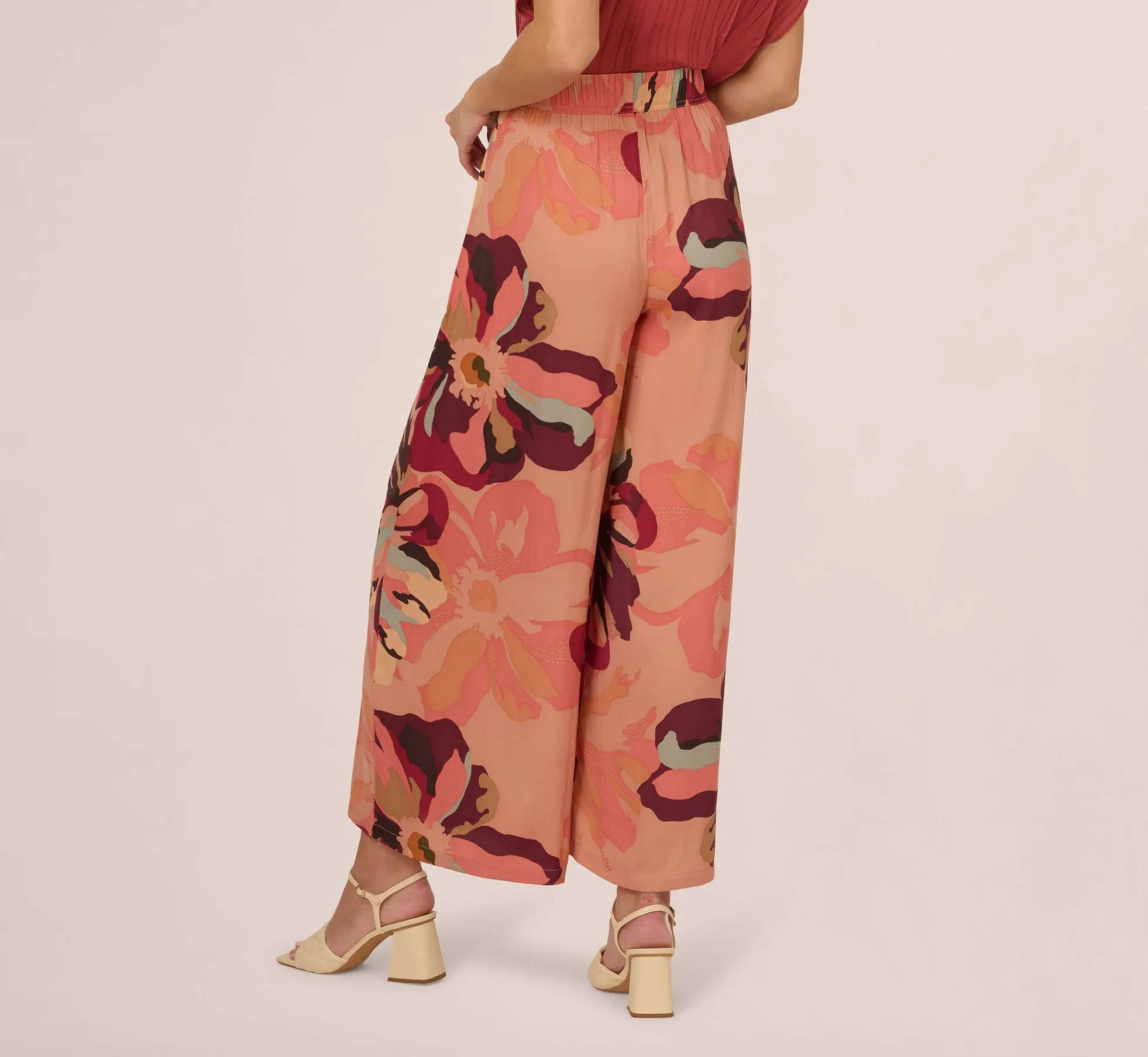 Tropical Floral Print Wide Leg Pants With Drawstring Waist In Deepburgundylargesunsetfloral