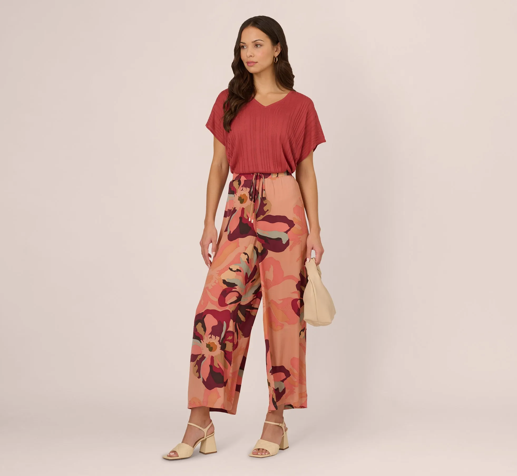 Tropical Floral Print Wide Leg Pants With Drawstring Waist In Deepburgundylargesunsetfloral