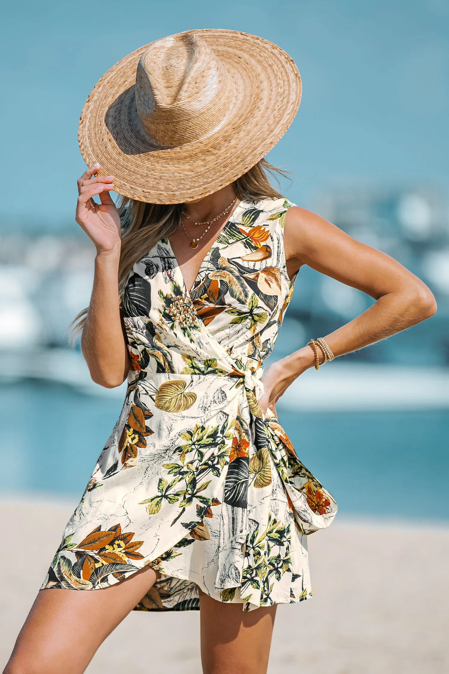 Tropical Leaf Floral Print Wrap Cover-Up Dress